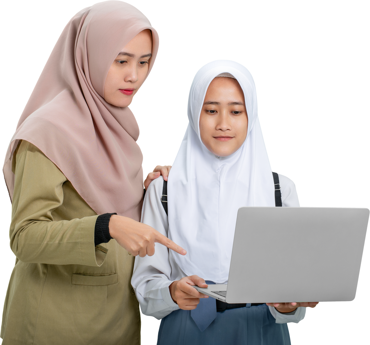 Teacher helping a student using laptop. Teaching concept